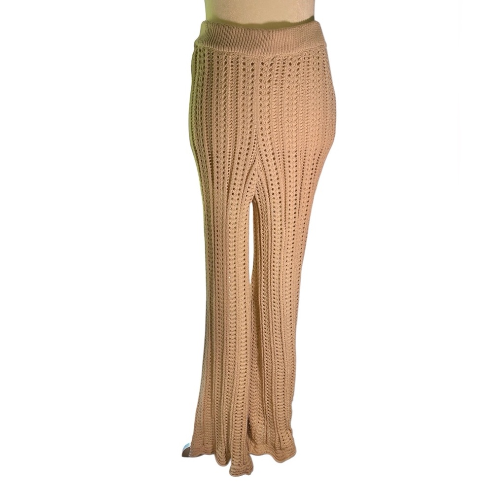 NWT Boho Crochet Knit Flare Beach Pants | Beige Wide Leg Resort Cover Up Pants